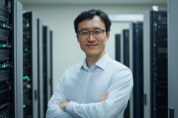 Confident Male IT Engineer With Crossed Arms Standing In A Server Room Of A Modern Data Center
