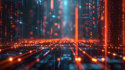 Naklejka premium A futuristic network with glowing lines and digital connections. The scene is dynamic and tech-savvy, representing modern connectivity and advanced technology.