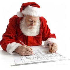 Naklejka premium Santas Workshop Jolly Architect Designing Festive Gingerbread House with Blueprints and Candy Cane