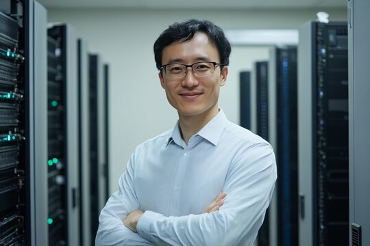 Confident Male IT Engineer With Crossed Arms Standing In A Server Room Of A Modern Data Center