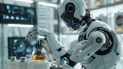 Fototapeta premium A humanoid robot working in a high-tech laboratory. The scene is futuristic and innovative, highlighting advanced robotics and artificial intelligence.