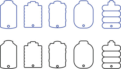 Blue and black water tank icons set line vector collection isolated on transparent background. water gallon element graphic design. Plastic material large bag for water saving, house storage