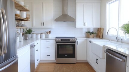 Fototapeta premium A modern kitchen showcases sleek white cabinets complemented by stainless steel appliances. Natural light pours in through the window, illuminating clean countertops and decorative plants.
