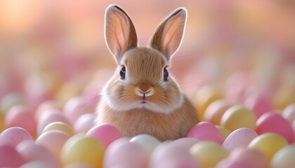 Cute bunny surrounded by colorful eggs, playful vibe, soft focus, pastel tones, springtime joy