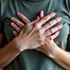 Fototapeta premium Close-up image of a person clutching their chest in pain, symbolizing heart-related health issues and medical conditions.