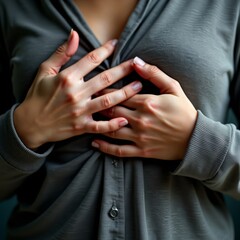 Close-up image of a person clutching their chest in pain, symbolizing heart-related health issues and medical conditions.