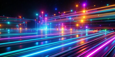This captivating 3D render features vibrant neon lines intertwined in a dark abstract atmosphere, making it an ideal choice for an eye-catching