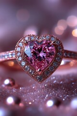 Heartshaped pink diamond ring set in a glittering band, sparkling against a soft, glowing background
