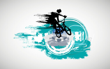 Vector banner or flyer with cyclist on the bike. Abstract poster of BMX competitions sport template.