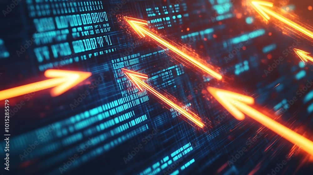 Poster A futuristic digital background with glowing red arrows pointing upwards on a dark blue background with code.