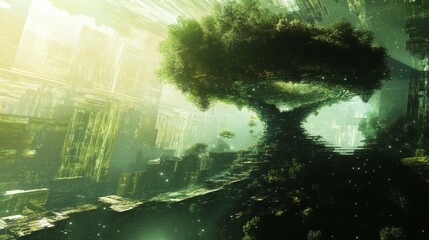 A large tree grows in a futuristic city, its branches reaching towards the sky, sunlight filtering through the leaves.