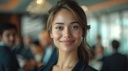Obraz premium A confident woman standing and smiling in front of a group of businesspeople in a modern conference room. The scene is empowering and professional, showcasing leadership and confidence.