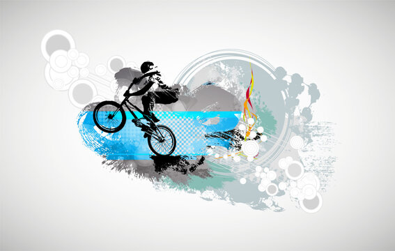 Vector banner or flyer with cyclist on the bike. Abstract poster of BMX competitions sport template.