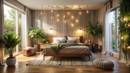 Naklejka premium Transform your bedroom into a dreamy oasis with cozy furniture that complements the habitat setting. Long exposure brings out the serene ambiance of