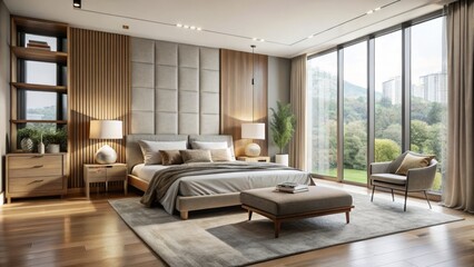 Naklejka premium Transform your bedroom with a sleek 3-piece furniture set, perfect for modern interiors, combining elegance and practicality in a beautiful design.