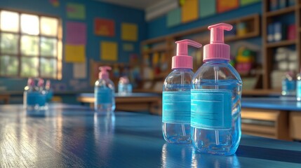 Hand sanitizer bottles on a classroom table with blue and brown desks in the background.