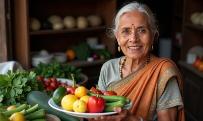 Elderly Indian woman with a gentle smile showcasing a plate filled with seasonal vegetables fresh from the market