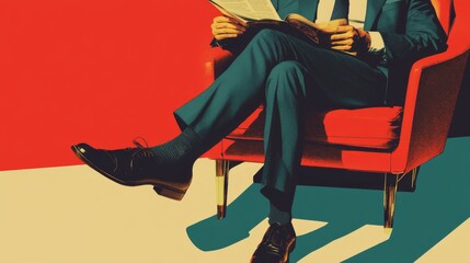 A man in a suit sits in a red armchair and reads a newspaper.