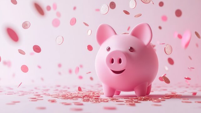 Pink piggy bank with a smile surrounded by falling pink and silver coins on a pink background.