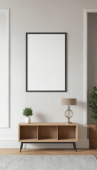 Fototapeta premium Home interior poster mock up frame, with minimal furniture on white wall background