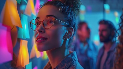 A group of coworkers in a brainstorming session with sticky notes on a whiteboard, featuring bright lighting and a creative atmosphere.