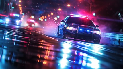 A police car in pursuit on a highway at night with dim lighting and an intense, action-packed atmosphere.