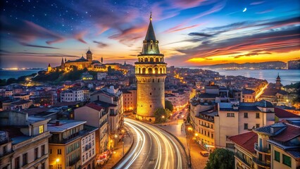 Fototapeta premium Under a starry sky, the Galata Tower stands illuminated, casting its enchanting glow on the streets of Istanbul, a breathtaking centerpiece of the