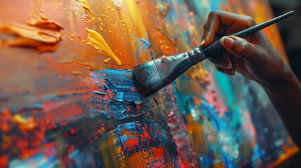 Closeup of a black artists hand painting an abstract work of fine modern art using thick colourful oil paint on a large canvas. Commissioned artwork selling. Diversity inclusivity in the art industry.