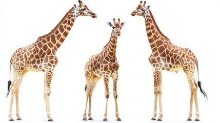 Naklejka premium Three giraffes standing in a row, isolated on white background.