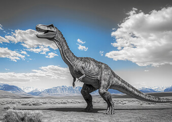 Fototapeta premium giganotosaurus is doing a fight pose on sunset desert