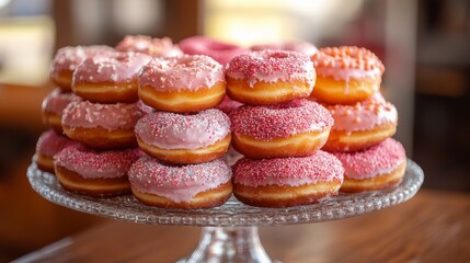 A tempting stack of donuts with pink frosting and sprinkles, neatly arranged on a glass platter, ready to be enjoyed as a sweet treat or party delight.