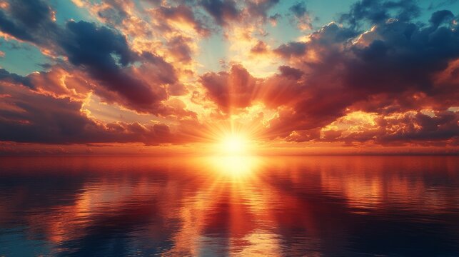 A breathtaking scene of a vibrant sunset over a calm ocean, with rays of light streaming through fluffy clouds, evoking peace and serenity in nature's beauty.