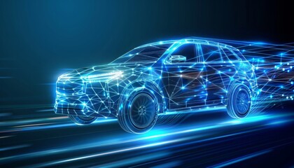 Fototapeta premium digital suv car in low poly wireframe design,modern automotive and Innovation technology, strength, versatility, autonomous driving and Smart Vehicles Transportation.