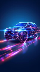 Fototapeta premium digital suv car in low poly wireframe design,modern automotive and Innovation technology, strength, versatility, autonomous driving and Smart Vehicles Transportation.