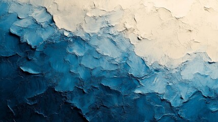 An abstract textured artwork showing a seamless transition from deep blue to white, evoking feelings of calmness, peace, and fluid motion in an artful display.