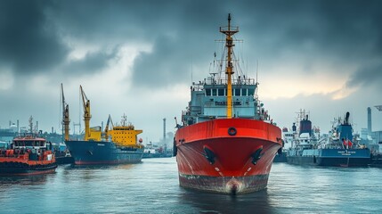 A massive red ship is docked in a crowded harbor, surrounded by other vessels, under a cloudy sky highlighting the bustling maritime activities and intense weather conditions.
