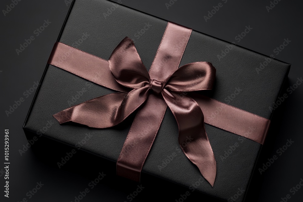 Sticker A beautifully wrapped black gift box with a satin ribbon sits on a dark surface, perfect for a thoughtful surprise