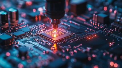 A high-tech scene features a microchip being assembled by precision laser tools on a blue-tinted circuit board, illustrating advanced technological progress.