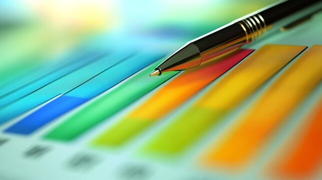 A high-quality image of a modern, colorful bar graph highlighted by the sleek metallic tip of a pen, representing analysis, data, and progress in a contemporary setting.