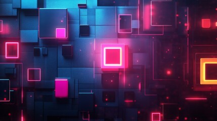 An abstract digital artwork displaying dynamic geometric shapes illuminated by vibrant neon lights, capturing a futuristic and energetic ambiance with striking colors.