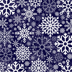 Winter pattern with white snowflakes on a dark blue background. Web design, cover, packaging, textile, wallpaper, surface.