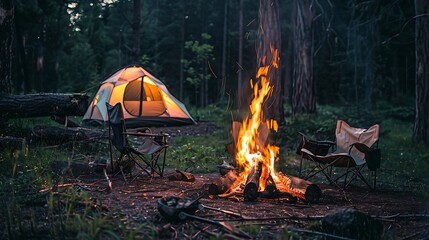Camping in the forest with a bonfire and a tent