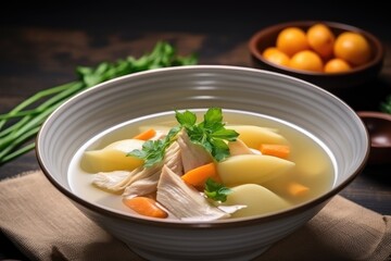 Chicken soup filled with potatoes, carrot and onion. Asian style.
