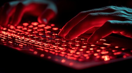 A close-up shot of hands actively typing on a red-illuminated keyboard creating a mood of intensity and focus against a backdrop of darkness and shadow.