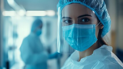 Female healthcare worker in protective gear, focused and determined in a medical setting.