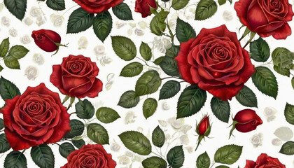 Bright watercolor red roses and green leaves on a white background. Pattern, template for textiles, packaging, greeting cards.