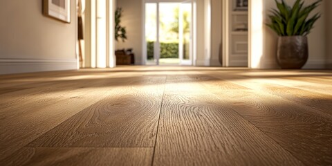 Fototapeta premium Cozy interior with warm wooden flooring and natural light filtering through doorways.