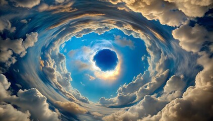 Swirling clouds form a circular pattern that opens up to a vibrant blue sky, creating a striking contrast that captivates any viewer. The scene evokes tranquility and wonder.