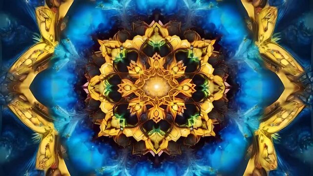 Symmetrical mandala design with geometric patterns in shades of purple, blue, and green on a dark background