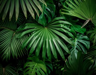 Fototapeta premium Dense jungle foliage, illustrating lush vegetation, nature, and biodiversity.